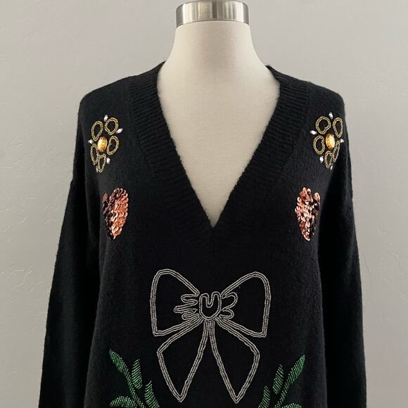 Wildfox Fancy Holiday Sequins Sweater Embellished Shimmer Modest Black Small NWT - Picture 3 of 12